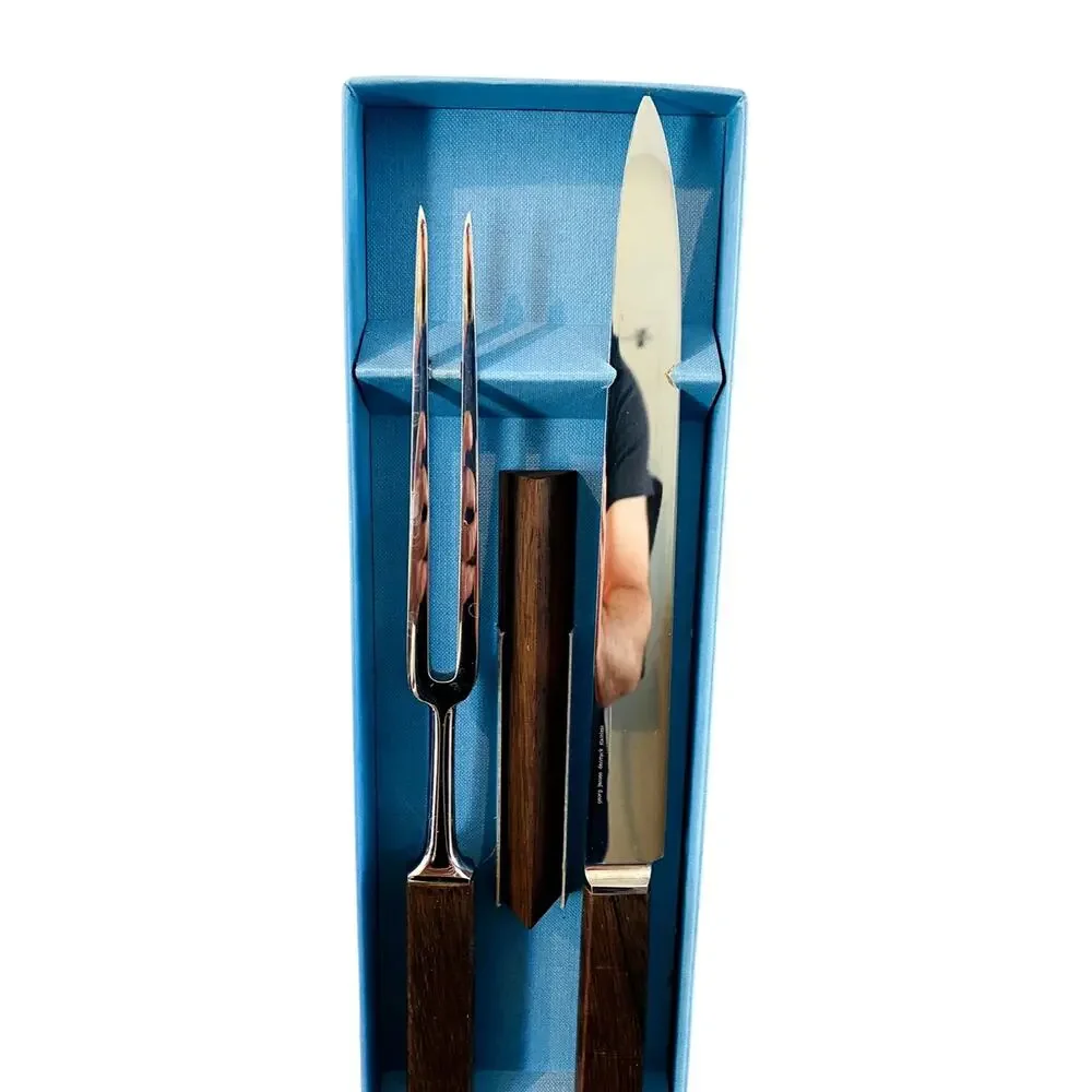 New Vintage Georg Jensen 3 Pc Carving Set Knife Fork Steel Box Denmark NOS